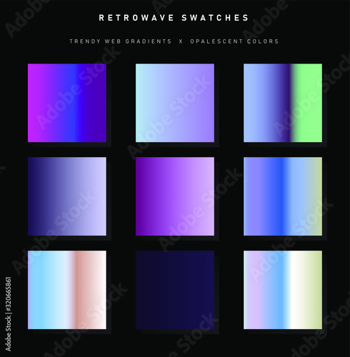 Set of trendy chromatic gradient swatches. Holographic gradient collection for web design and art.