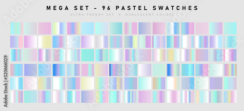 Set of trendy pastel swatches. Holographic gradient collection for web design and art.