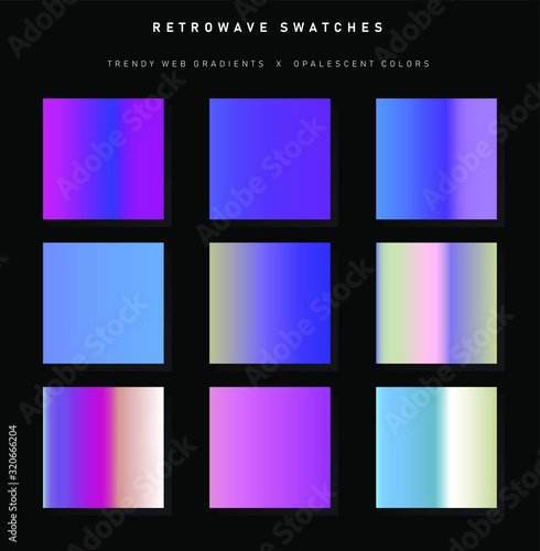 Big set of trendy holographic gradient swatches. Opalescent neon gradient collection for web design and art.