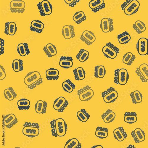 Blue line Gas railway cistern icon isolated seamless pattern on yellow background. Train gasoline tank on railway car. Rail freight. Vector Illustration