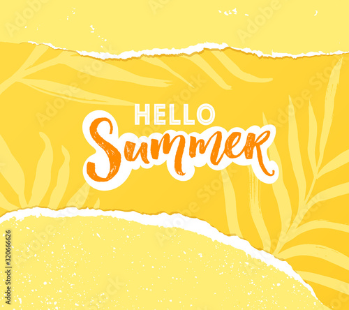 Yellow torn paper banner with hello summer typography on tropical background. Ripped pieces with white edge. Vector design.