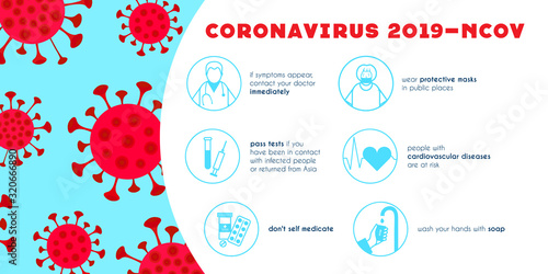 vector banner with information and infographics about the Chinese coronovirus 2019-ncov. flat illustration of the virus and icons about measures to prevent infection with the virus.