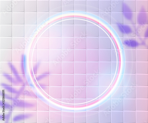 White neon round frame glowing on tiles background with leaves shadow overlay. Pink holographic surreal backdrop.