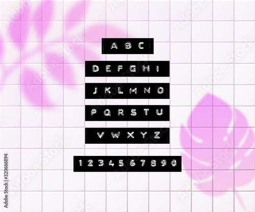 Embossed letters tape font. Vintage adhesive label type. Vector alphabet on tiles background with pink tropic palm leaves overlay