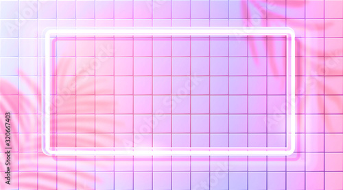 Neon light frame, bright glowing rectangle. White fluorescent lamp on pink tiles wall background. Nature and techno aesthetic trend. Tropic palm leaves shadow overlay.