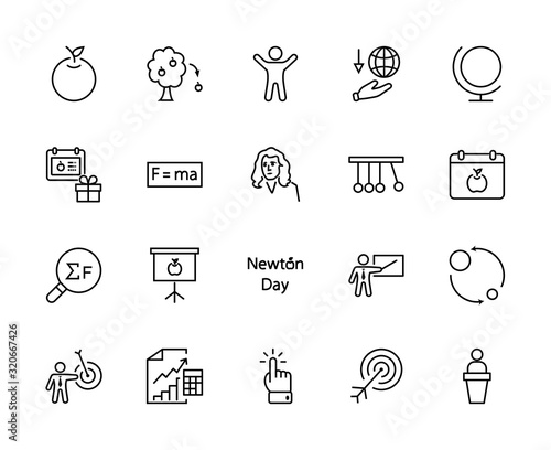 Newton's Day Set Line Vector Icon. Contains such Icons as Newton, Laws of physics and gravity, Flying Apple, Calendar, Teacher, blackboard and projector Editable Stroke. 32x32 Pixels