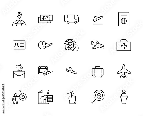 Set of Airport Related Vector Line Icons. Contains such Icons as Globe, Departure, Plane, Bus, Tickets, Baggage Claim, Calendar, Kit and more. Editable Stroke. 32x32 Pixels.