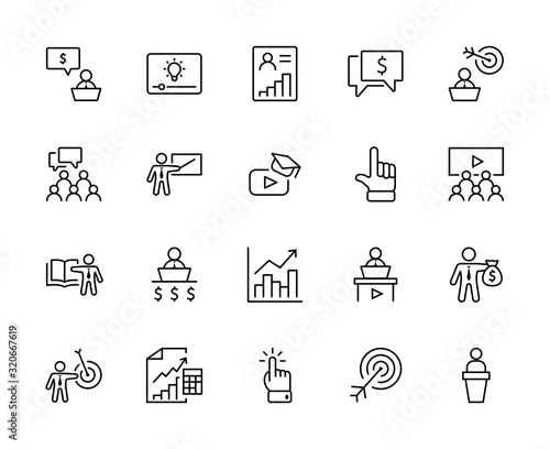 Set of Business Training Related Vector Line Icons. Contains such Icons as Teacher, Class, Presentation, Video, Book, Mentoring, Target and more. Editable Stroke. 32x32 Pixels.