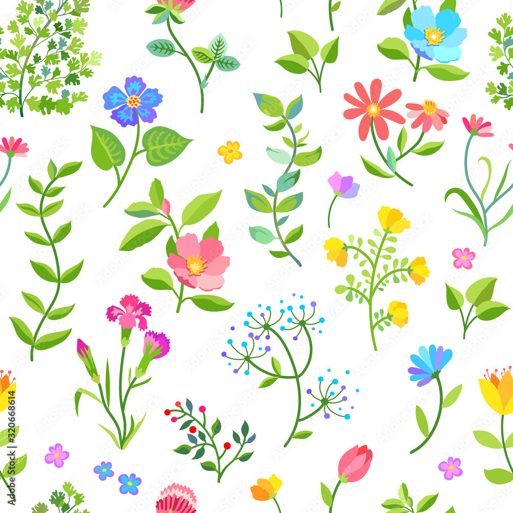 Seamless pattern with flowers, berries and leaves. Vector Illustration for fabric, wrapping, wallpapers and other designs. Floral botanical print. Seamless pattern with flowers, berries and leaves. Vector Illustration for fabric, wrapping, wallpapers and other designs. Floral botanical print.
