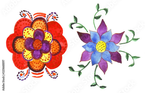 Two drawn decorative flowers. Isolated watercolor elements. Red, yellow, blue, violet, green on a white background.