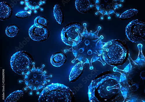 Futuristic viral infection concept with glowing low polygonal virus cells and red blood cells
