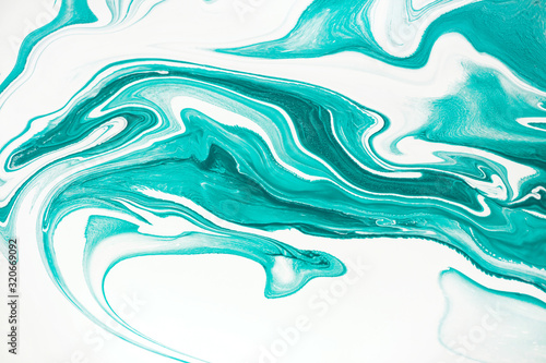 Mint green and white paint marbling flow background. Contemporary fluid art raster illustration. Acrylic, aquarelle mixing effect abstract backdrop. Watercolor dynamic texture close up