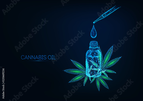 Futuristic cannabidiol oil extract concept with glowing bottle, drop, pipette and cannabis leaves