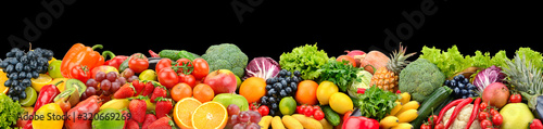 Panoramic photo fruits and vegetables isolated on black