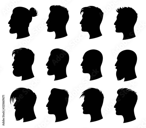 Hair style man. Men with variety of fashionable hairstyles. Design element for beauty salon and hairdresser. Skin and hair care. Head silhouette profile. Isolated black silhouette. Vector illustration
