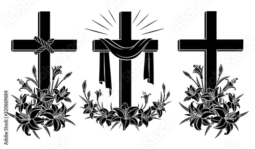 Cross with lilies. Religious Christian Easter Symbol. Set of crosses with lilies  and shroud. Easter Sunday poster design element,  card,  greetings. Isolated black silhouette. Vector illustration