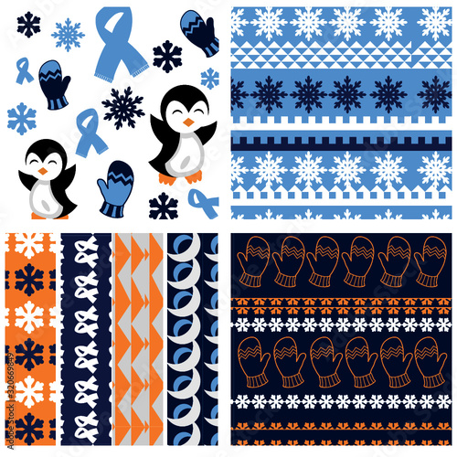 penguin and winter elements pattern - snowflakes pattern