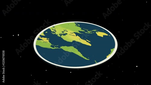 Flat Earth 3D Model. Animation of cosmographic mythology of the universe with plane Earth over dark background. photo