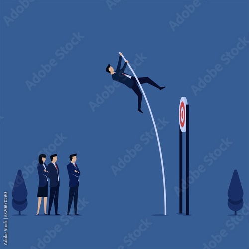 Business flat vector concept man jumping use pole vault over target metaphor of exceeding the target.