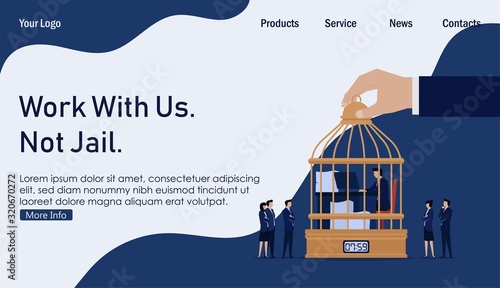 Businessman work on the cage for 8 hours watching by manager. Business Landing Page Template.