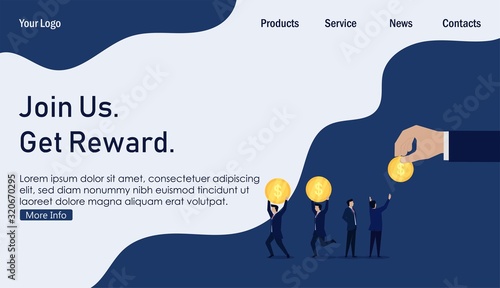 Business hand give free coins for charity. Business Landing Page Template.