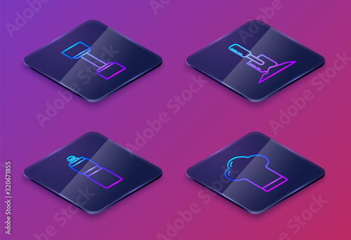 Set Isometric line Dumbbell, Fitness shaker, Shovel in the ground and Chef hat. Blue square button. Vector