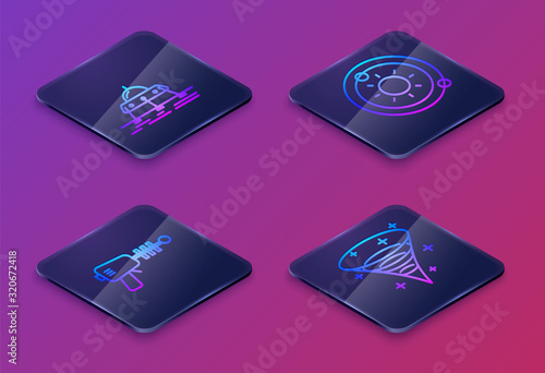 Set Isometric line Mars rover, Ray gun, Solar system and Black hole. Blue square button. Vector