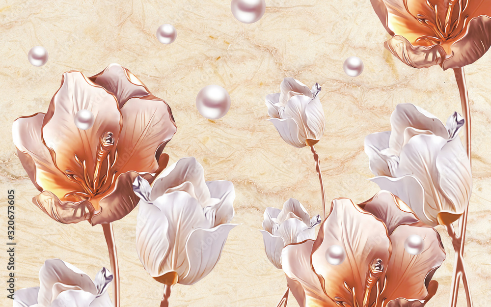 3d wallpaper many flowers with silver balls and marble background