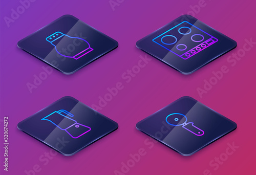 Set Isometric line Salt and pepper, Moka pot, Gas stove and Pizza knife. Blue square button. Vector