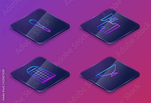 Set Isometric line Spoon, Grater, Kitchen meat grinder and Sauce boat. Blue square button. Vector