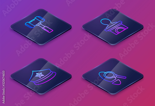 Set Isometric line Judge gavel, Police cap with cockade, Stage stand or debate podium rostrum and Magnifying glass with footsteps. Blue square button. Vector