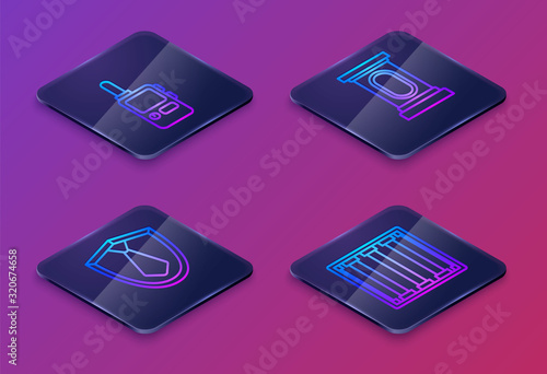 Set Isometric line Walkie talkie, Tie, Stage stand or debate podium rostrum and Prison window. Blue square button. Vector