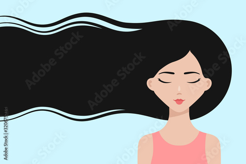 Dreamy cartoon asian girl with long flowing hair