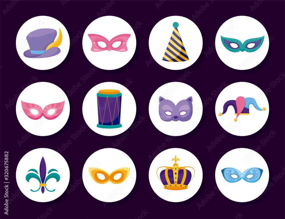 Isolated mardi gras icon set inside circles vector design Isolated mardi gras icon set inside circles vector design