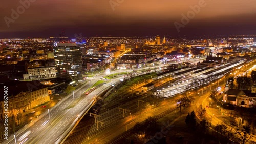 Drone footage of landscape of Gdansk near by train station and  overpass Blednik