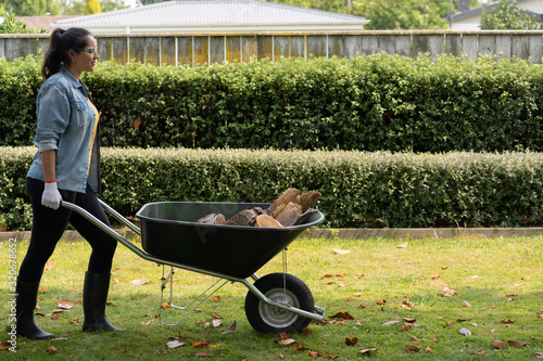Fototapet Woman pushing a wheelbarrow with logs at home