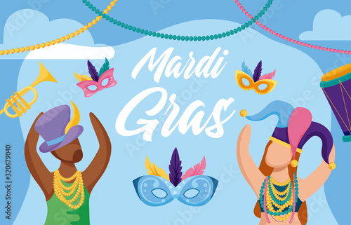 Woman and man with mardi gras masks vector design