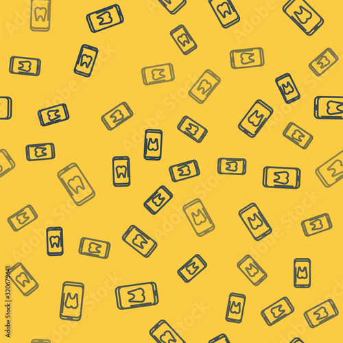 Blue line Online dental care icon isolated seamless pattern on yellow background. Dental service information call center. Vector Illustration