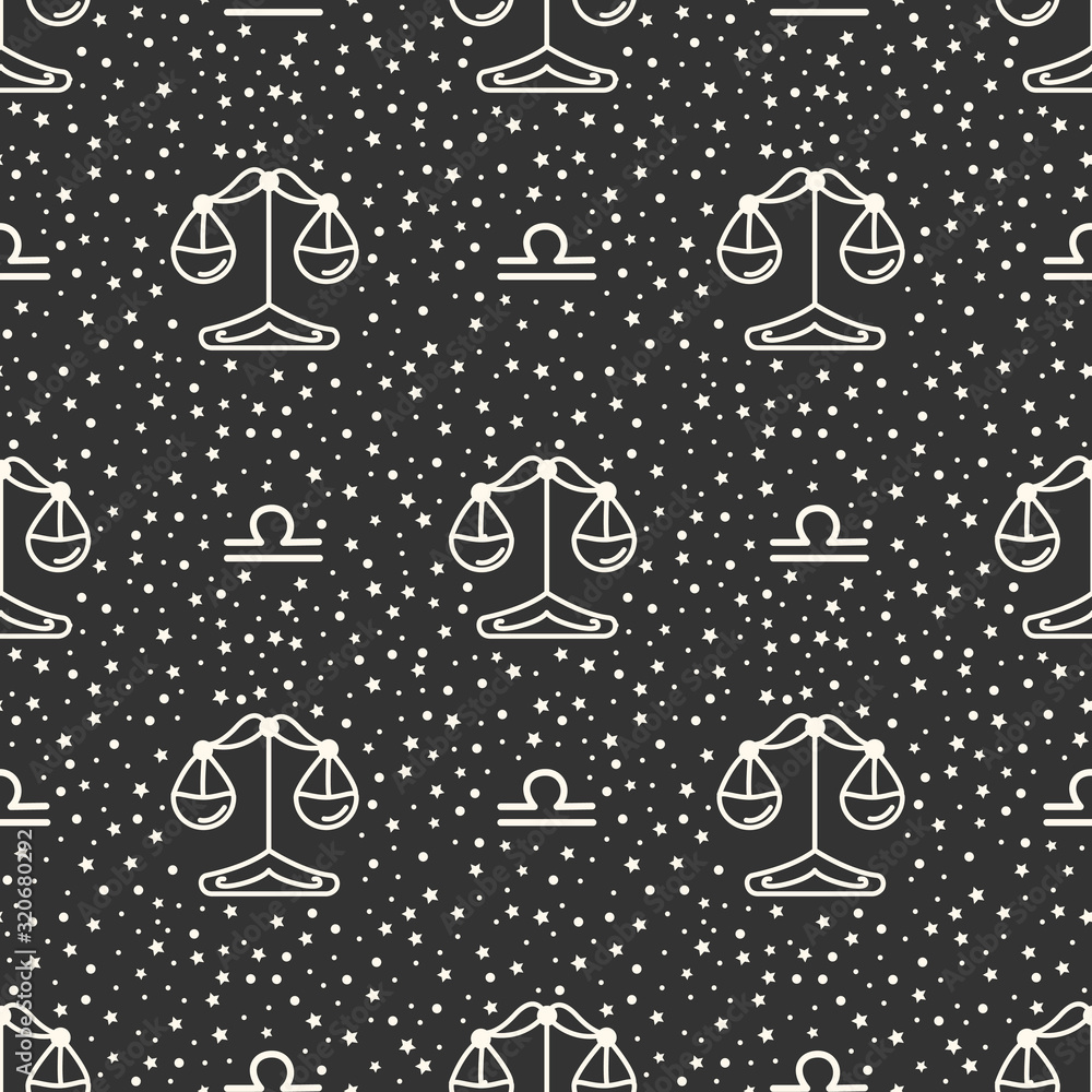 Seamless pattern with zodiac signs on the starry sky, black and white. Libra.