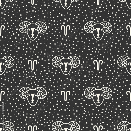 Seamless pattern with zodiac signs on the starry sky, black and white. Aries.