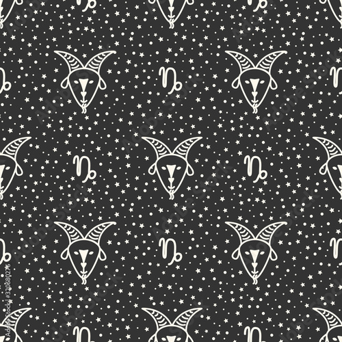 Seamless pattern with zodiac signs on the starry sky, black and white. Capricorn.
