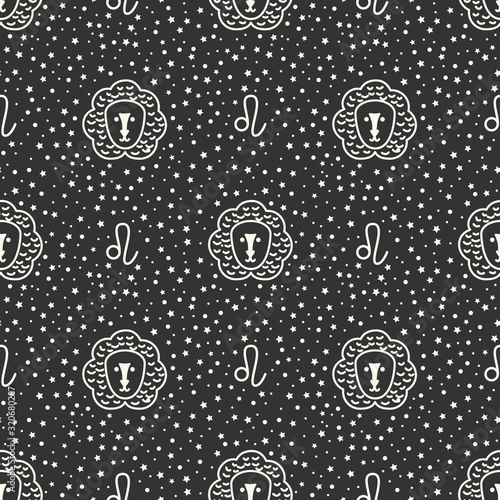 Seamless pattern with zodiac signs on the starry sky, black and white. Leo.
