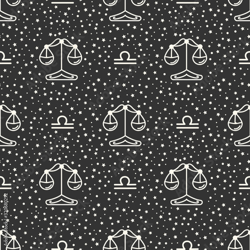Seamless pattern with zodiac signs on the starry sky, black and white. Libra.