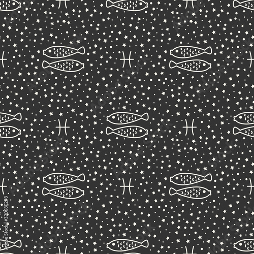 Seamless pattern with zodiac signs on the starry sky, black and white. Pisces.