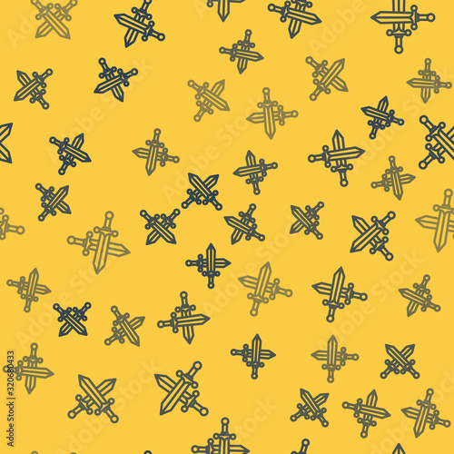 Blue line Crossed medieval sword icon isolated seamless pattern on yellow background. Vector Illustration