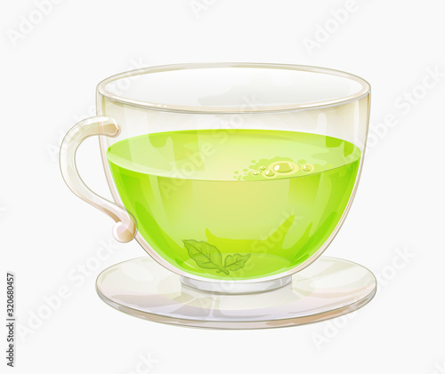 Green or herbal tea in glass cup on saucer isolated. Realistic mug