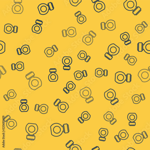 Blue line Aftershave icon isolated seamless pattern on yellow background. Cologne spray icon. Male perfume bottle. Vector Illustration