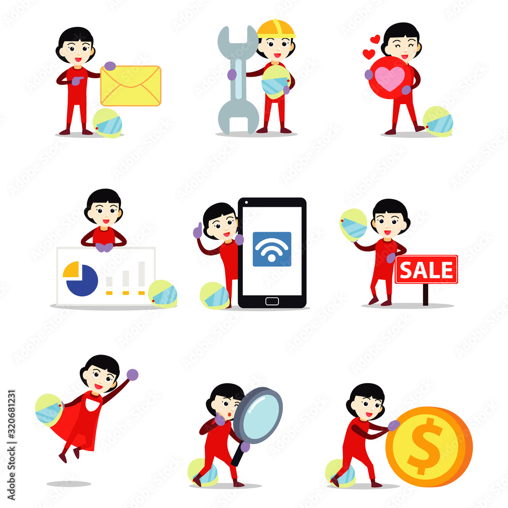 Set of character woman participating in a car racer. Set of character woman participating in a car racer.