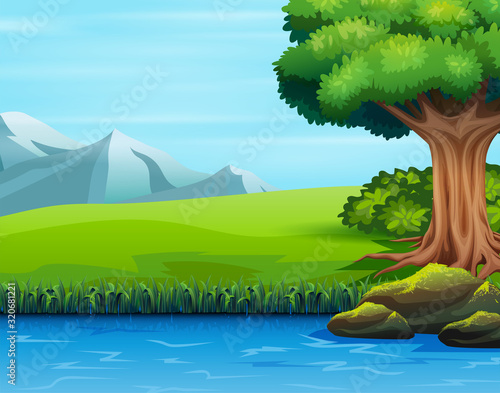 Illustration of a big tree near the river
