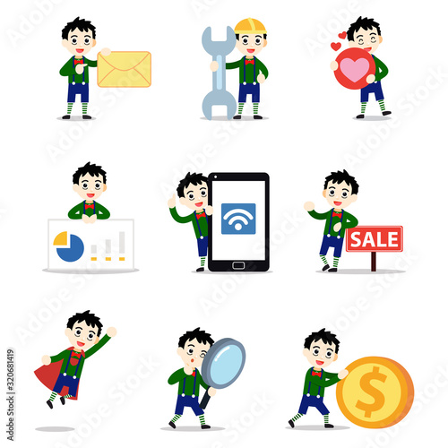 Set of character man performed as a rag doll with cute face.